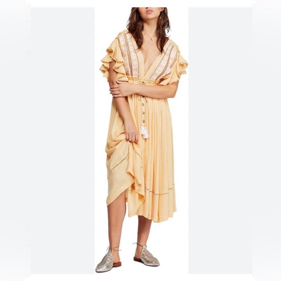 Free People Will Wait For You Yellow V Neck Floral Ruffle Boho Midi Dress SZ XS - Picture 3 of 12